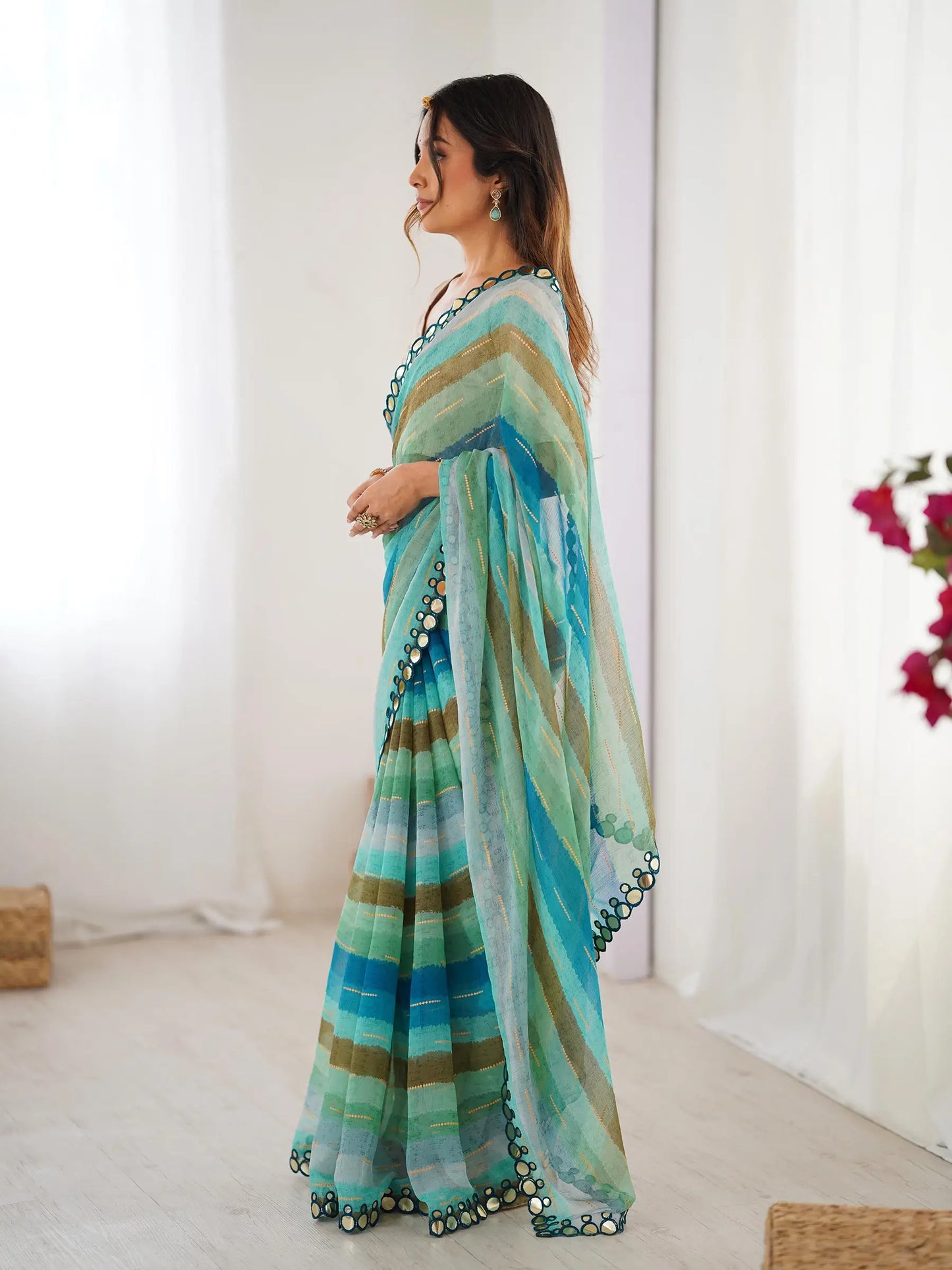 Multi Color Laheriya Printed  With Mirror Work Saree