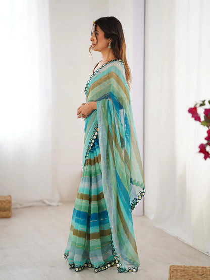 Multi Color Laheriya Printed  With Mirror Work Saree