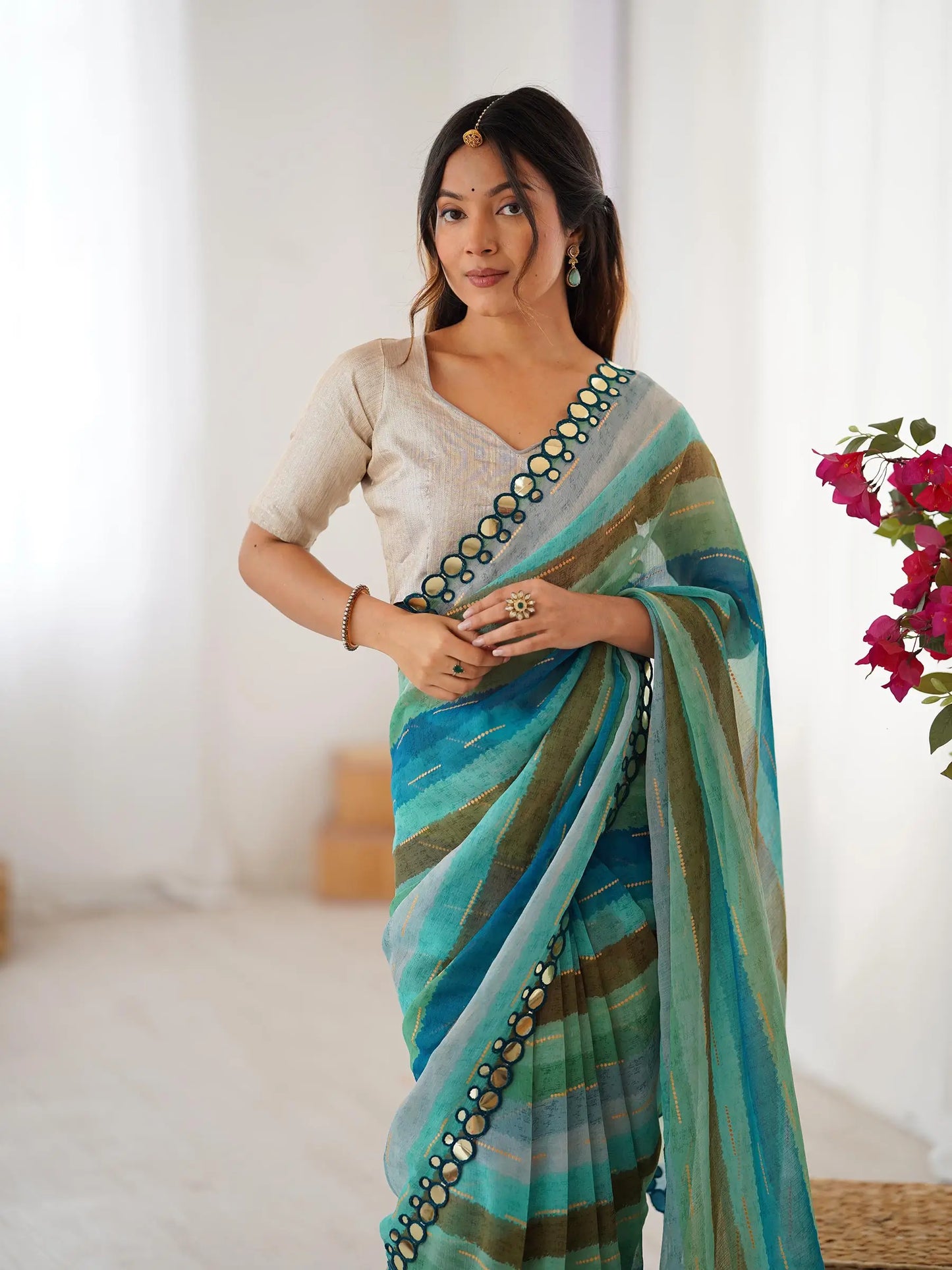 Multi Color Laheriya Printed  With Mirror Work Saree