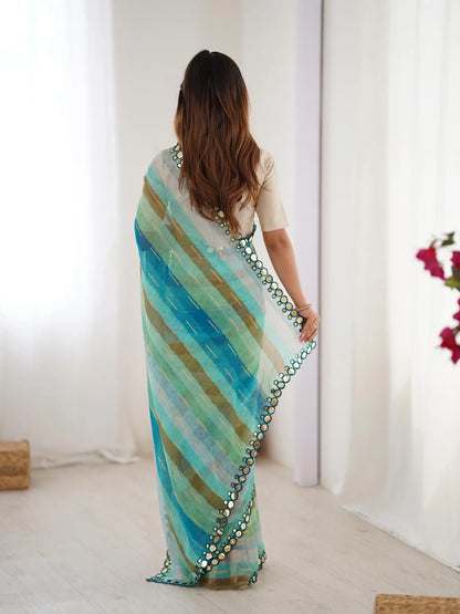Multi Color Laheriya Printed  With Mirror Work Saree