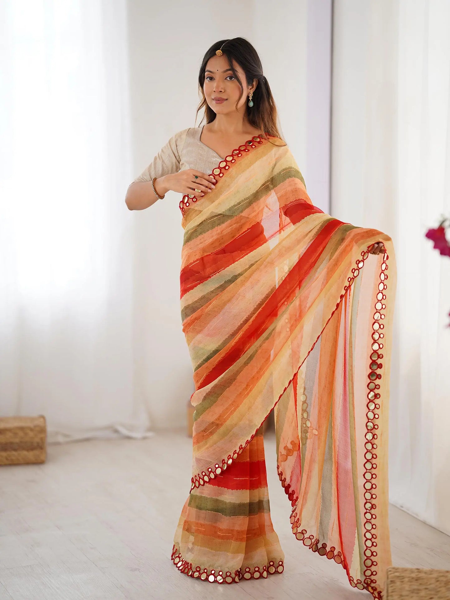 Orange Laheriya Printed  With Mirror Work Saree