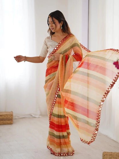 Orange Laheriya Printed  With Mirror Work Saree