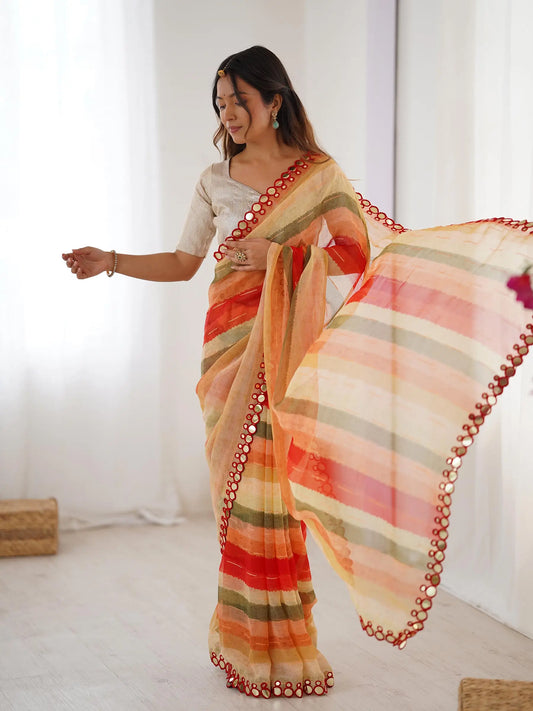 Orange Laheriya Printed  With Mirror Work Saree