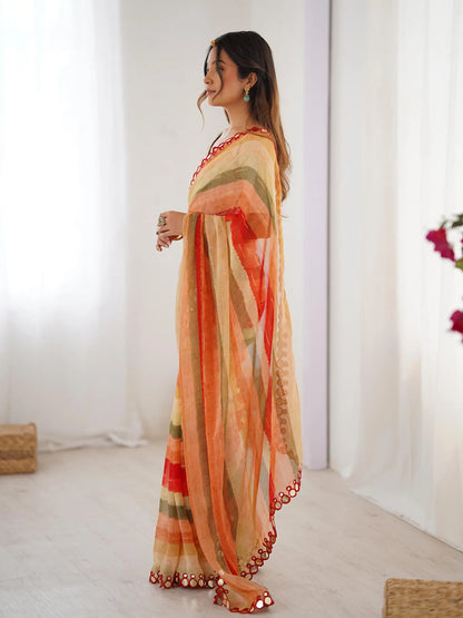 Orange Laheriya Printed  With Mirror Work Saree