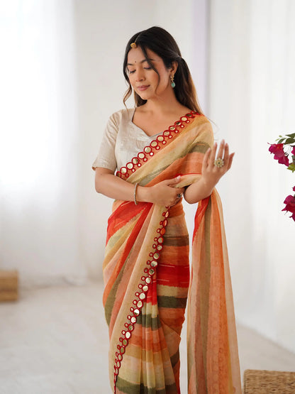 Orange Laheriya Printed  With Mirror Work Saree