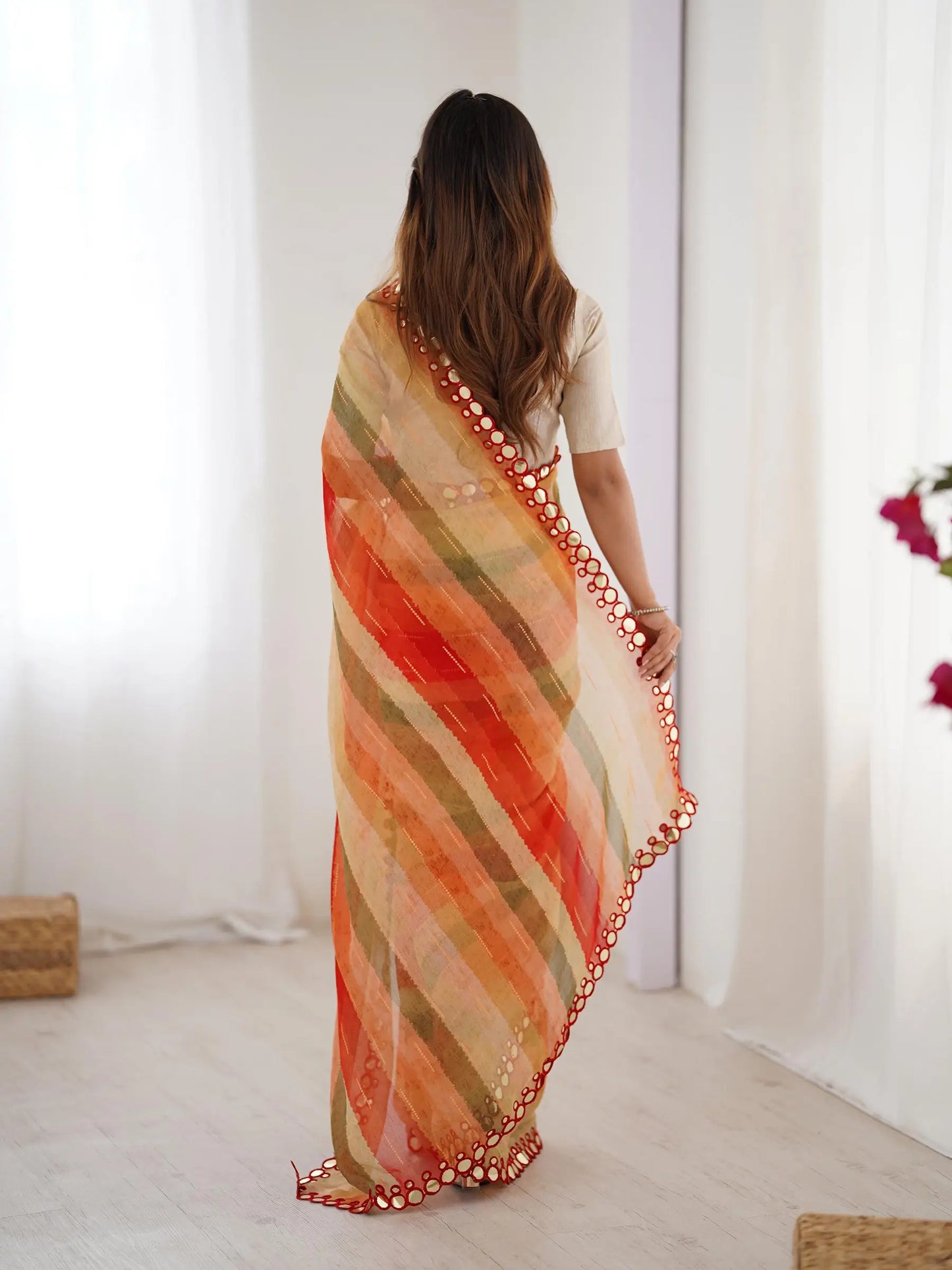 Orange Laheriya Printed  With Mirror Work Saree