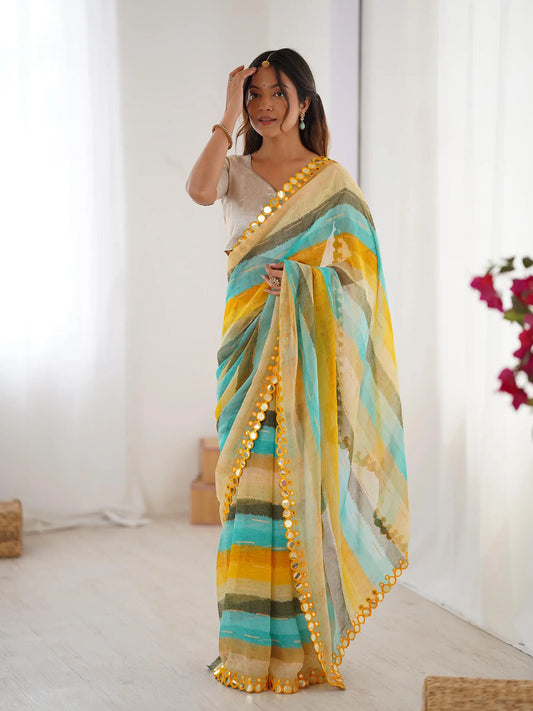 Multi Color Laheriya Printed  With Mirror Work Saree