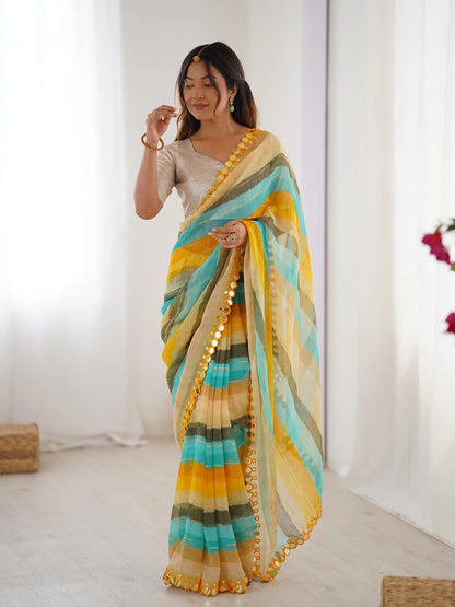 Multi Color Laheriya Printed  With Mirror Work Saree