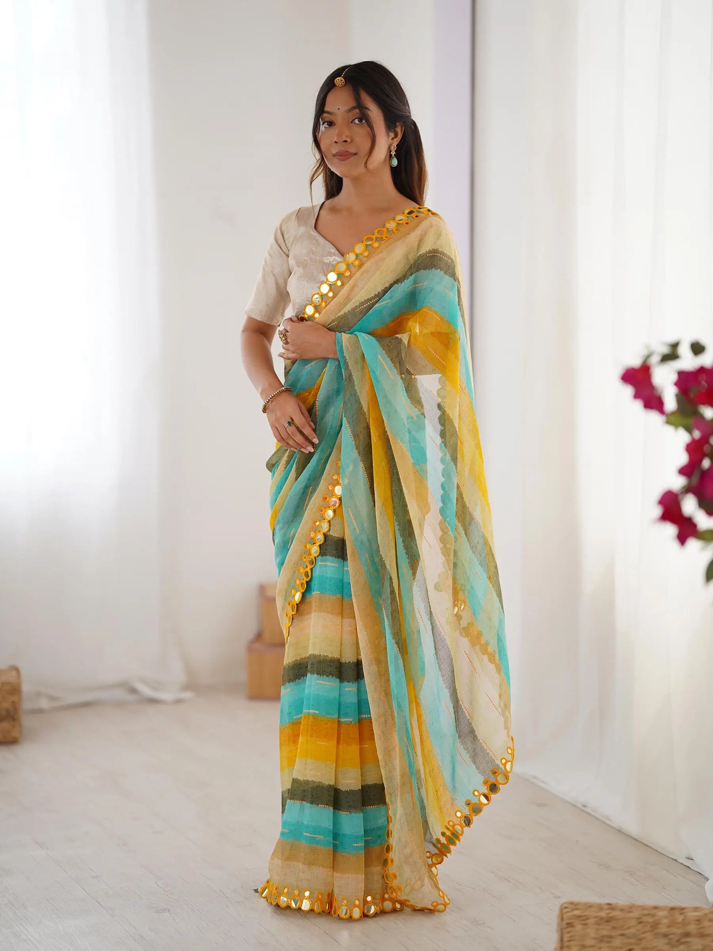 Multi Color Laheriya Printed  With Mirror Work Saree