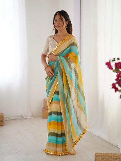 Multi Color Laheriya Printed  With Mirror Work Saree