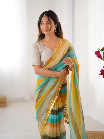 Multi Color Laheriya Printed  With Mirror Work Saree