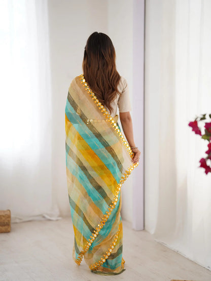 Multi Color Laheriya Printed  With Mirror Work Saree