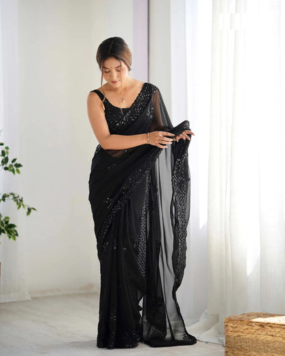 Black  Party Wear Saree With Sequence & Thread Embroidery Work