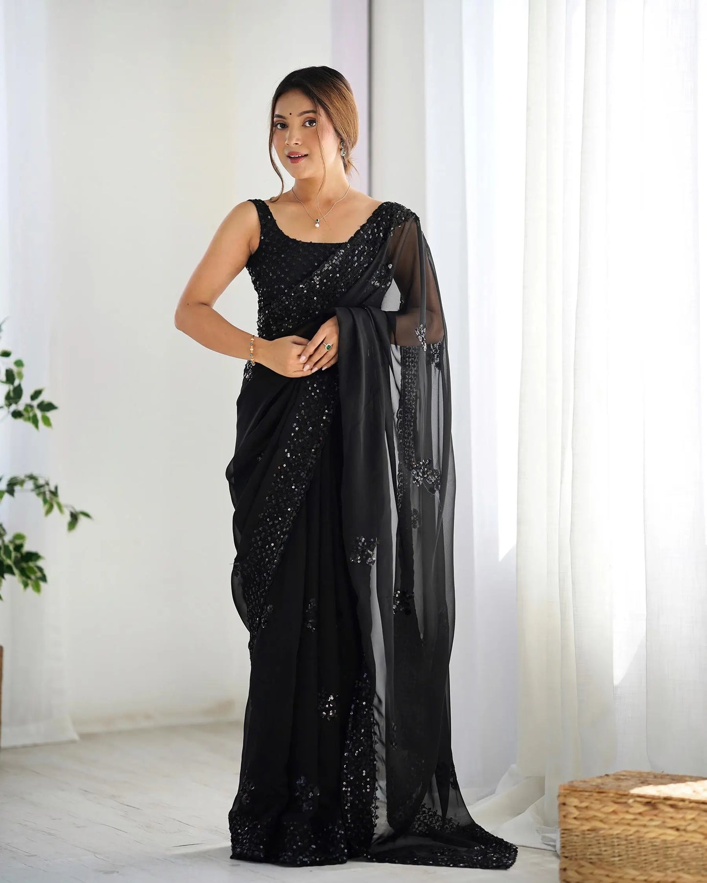 Black  Party Wear Saree With Sequence & Thread Embroidery Work