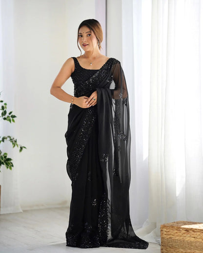 Black  Party Wear Saree With Sequence & Thread Embroidery Work
