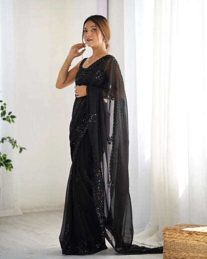 Black  Party Wear Saree With Sequence & Thread Embroidery Work