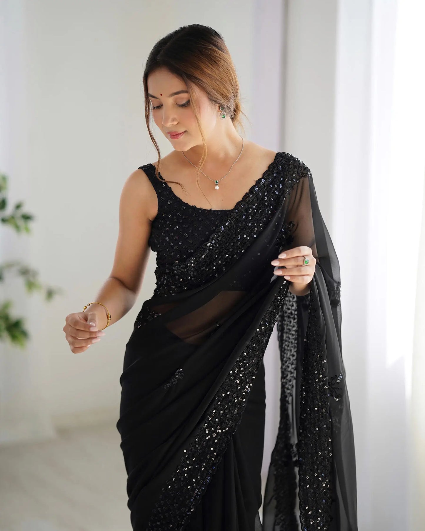 Black  Party Wear Saree With Sequence & Thread Embroidery Work