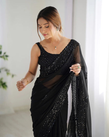 Black  Party Wear Saree With Sequence & Thread Embroidery Work