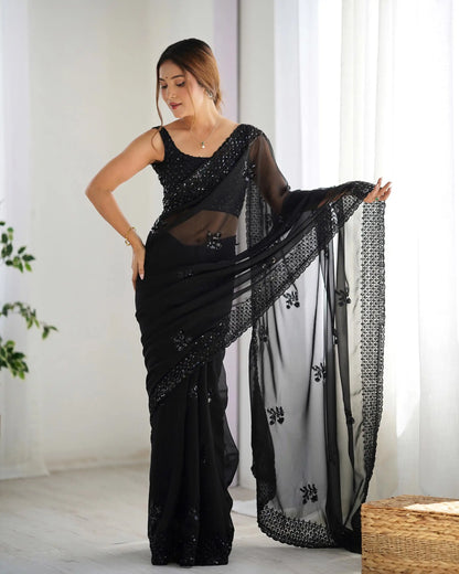 Black  Party Wear Saree With Sequence & Thread Embroidery Work