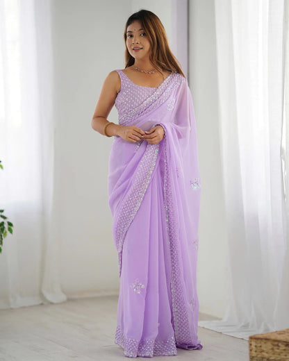Dusty Lavender Party Wear Saree With Sequence & Thread Embroidery Work