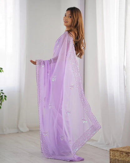 Dusty Lavender Party Wear Saree With Sequence & Thread Embroidery Work
