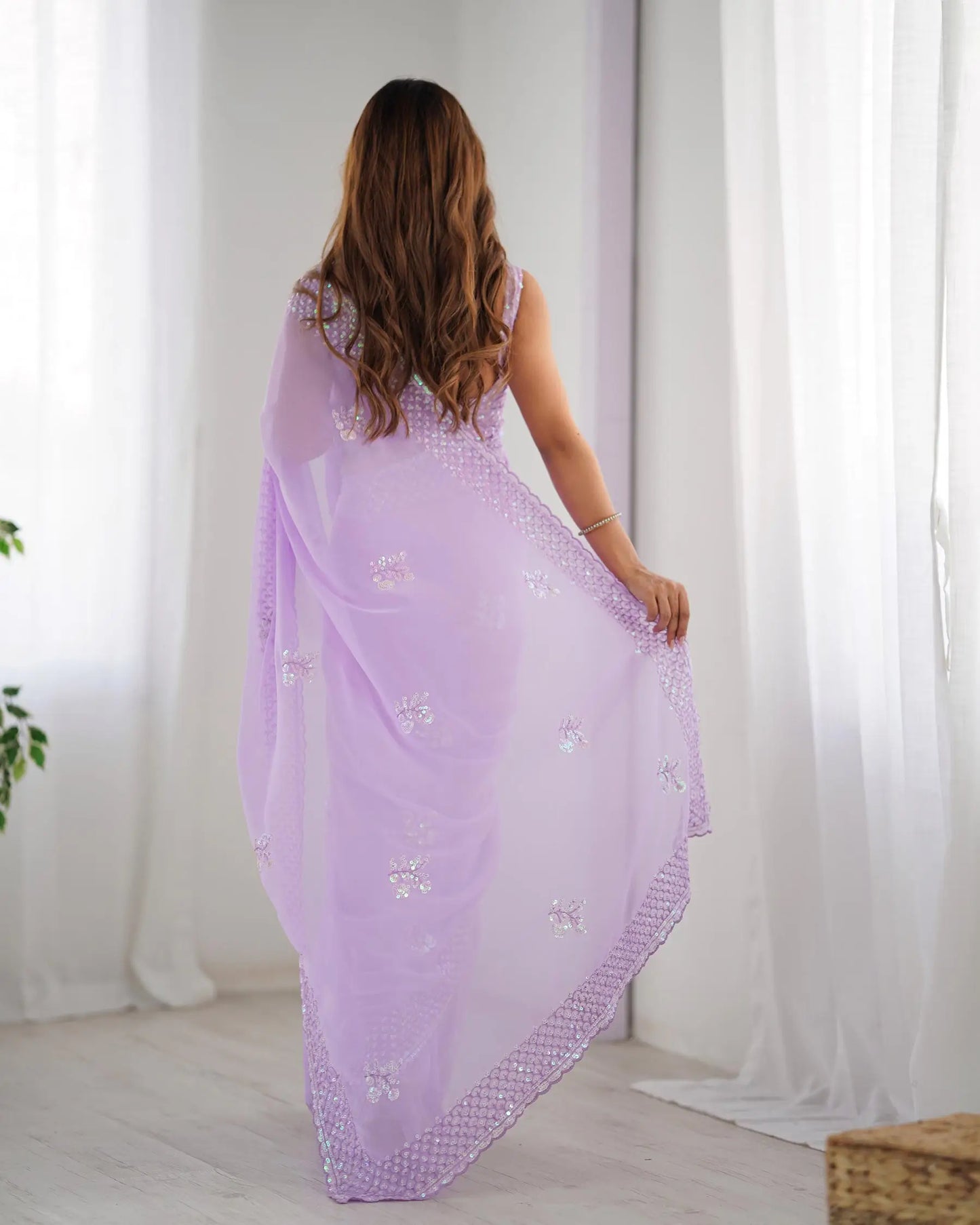 Dusty Lavender Party Wear Saree With Sequence & Thread Embroidery Work