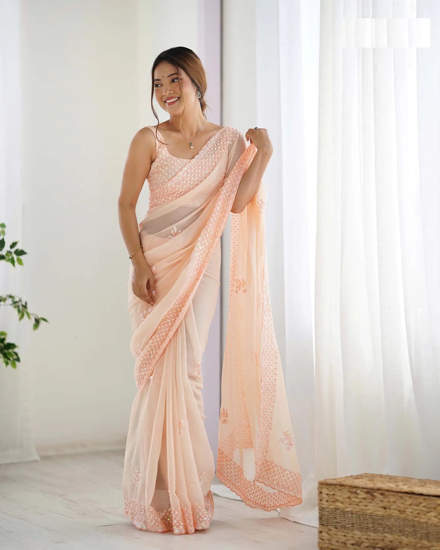 Beige Party Wear Saree With Sequence & Thread Embroidery Work