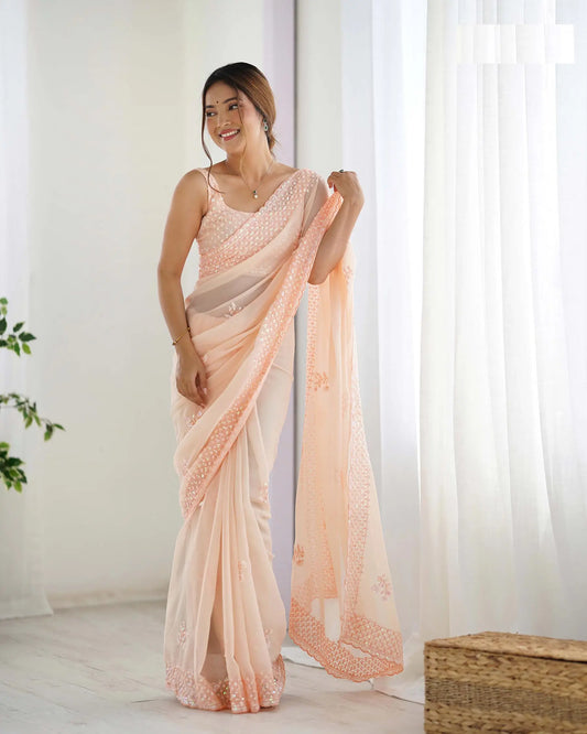 Beige Party Wear Saree With Sequence & Thread Embroidery Work