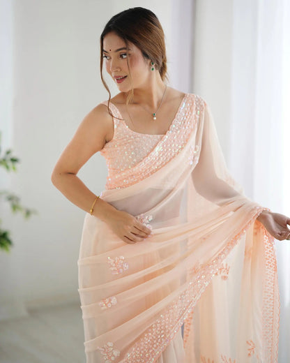 Beige Party Wear Saree With Sequence & Thread Embroidery Work