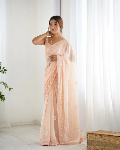 Beige Party Wear Saree With Sequence & Thread Embroidery Work