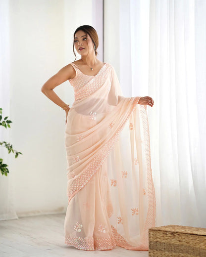 Beige Party Wear Saree With Sequence & Thread Embroidery Work