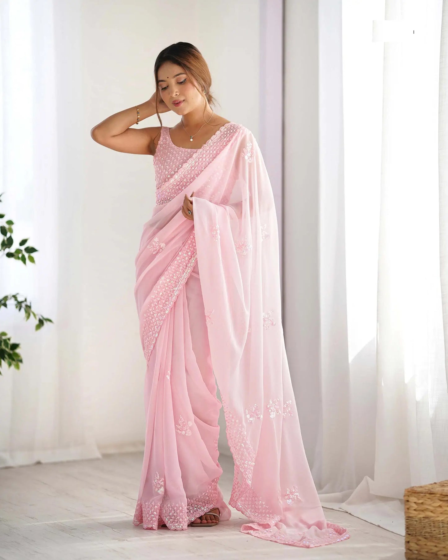 Dusty Pink Party Wear Saree With Sequence & Thread Embroidery Work