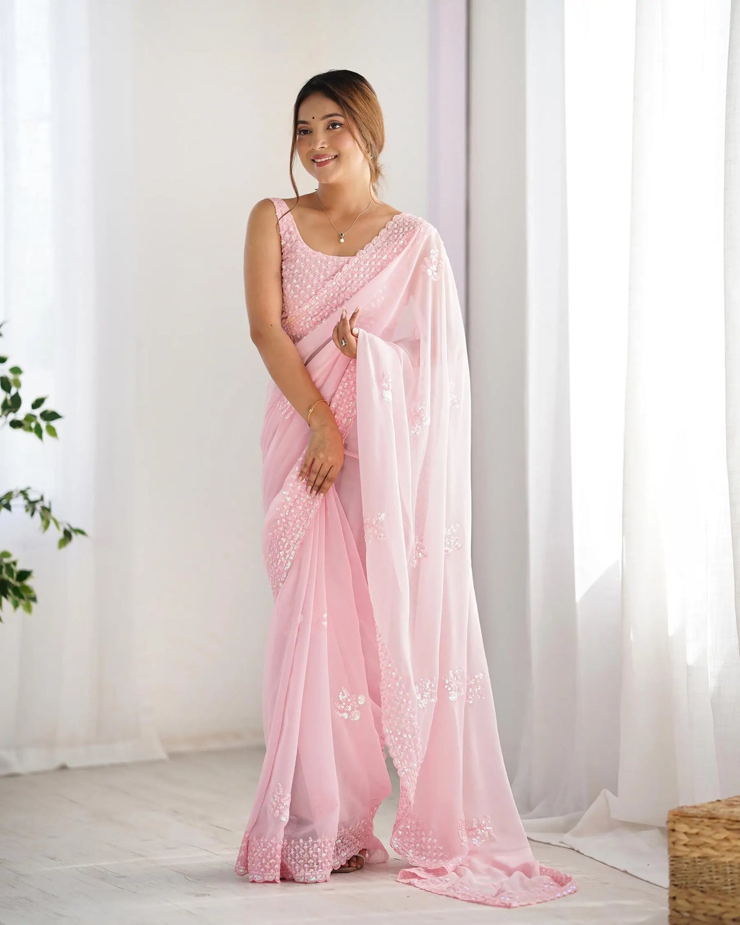 Dusty Pink Party Wear Saree With Sequence & Thread Embroidery Work