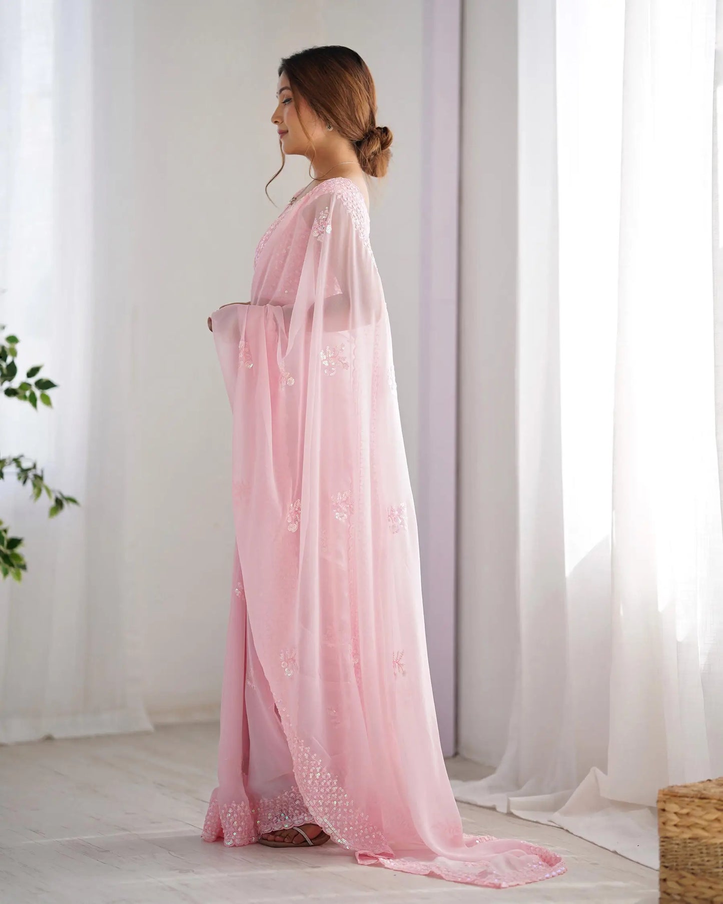 Dusty Pink Party Wear Saree With Sequence & Thread Embroidery Work