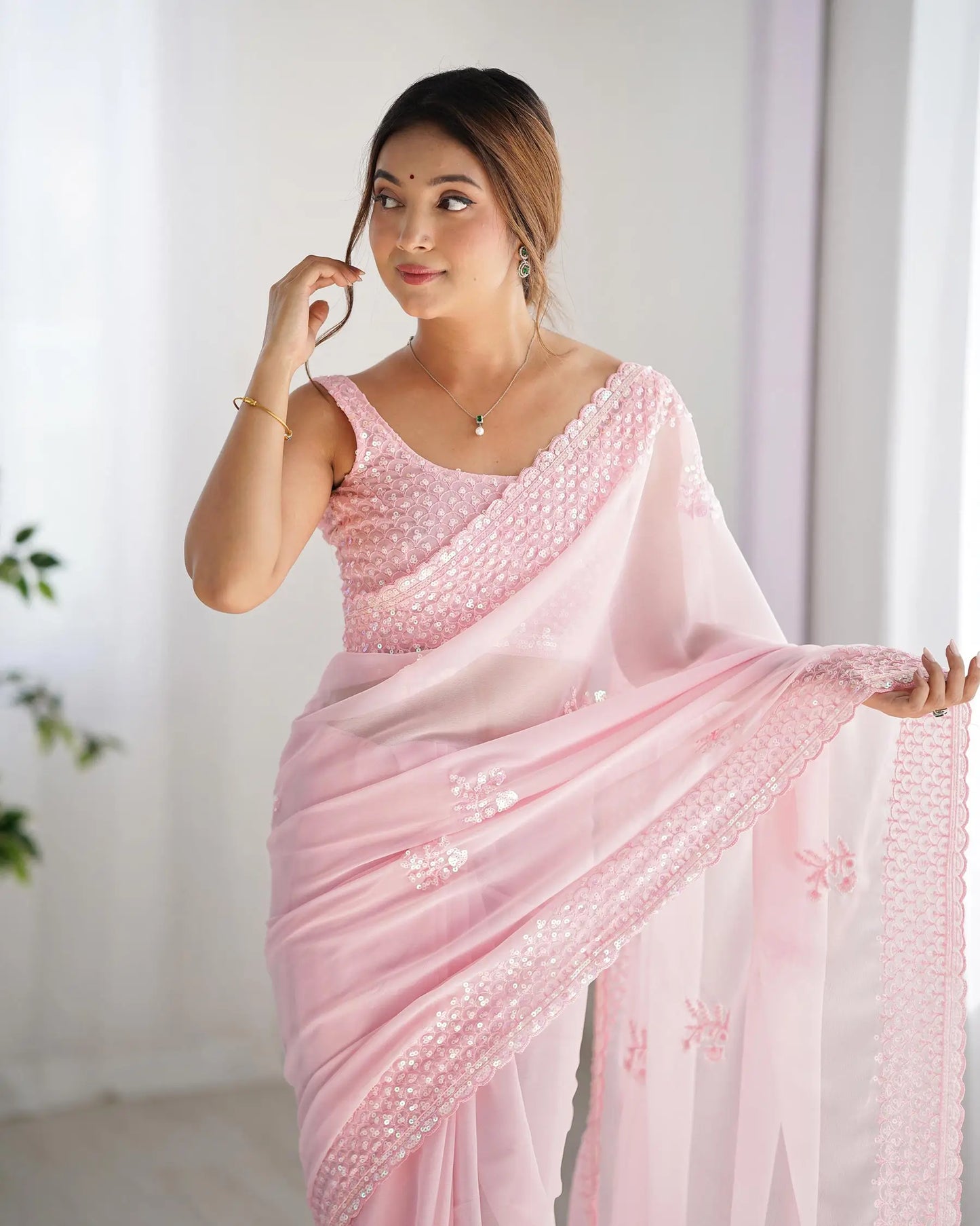 Dusty Pink Party Wear Saree With Sequence & Thread Embroidery Work