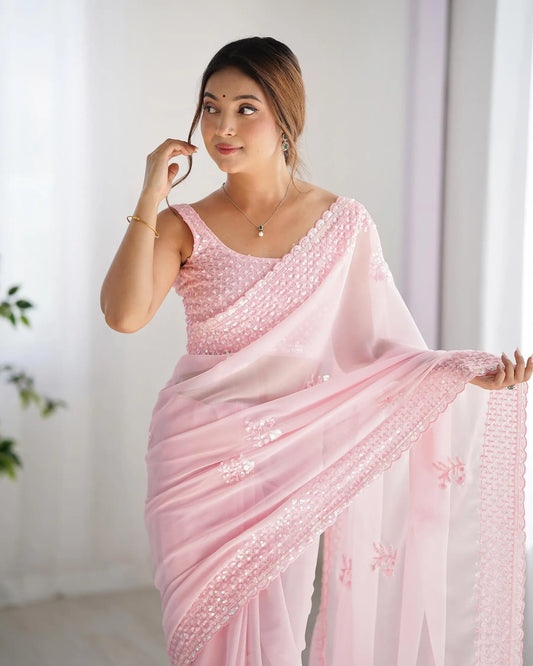 Dusty Pink Party Wear Saree With Sequence & Thread Embroidery Work
