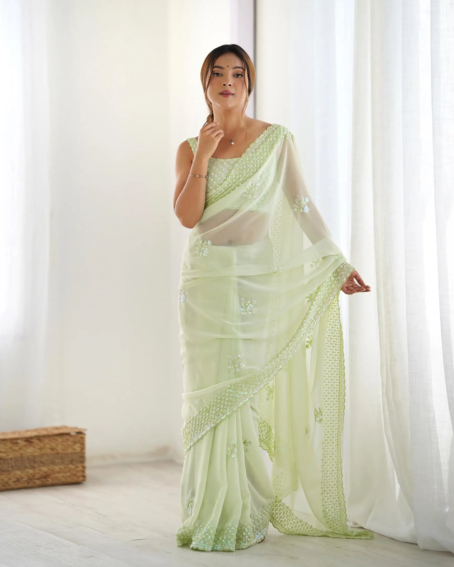 Pista Green  Party Wear Saree With Sequence & Thread Embroidery Work