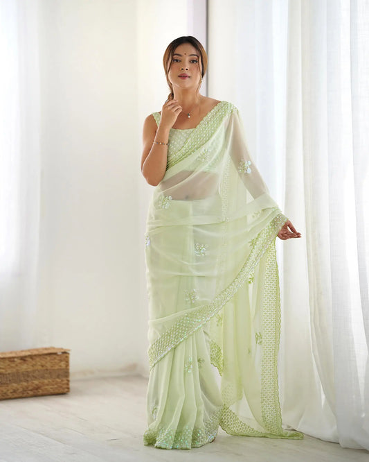 Pista Green  Party Wear Saree With Sequence & Thread Embroidery Work