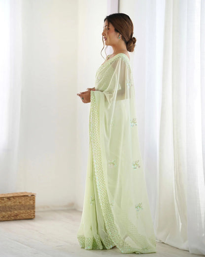 Pista Green  Party Wear Saree With Sequence & Thread Embroidery Work