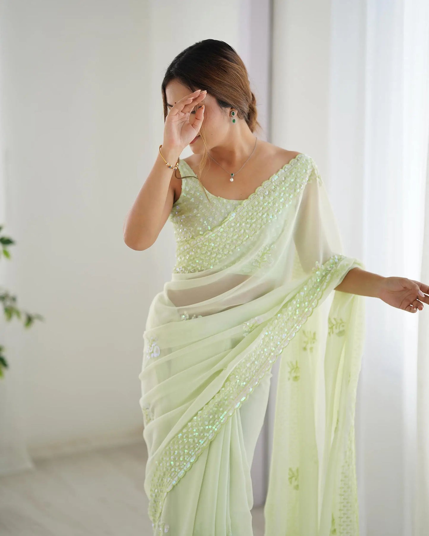 Pista Green  Party Wear Saree With Sequence & Thread Embroidery Work
