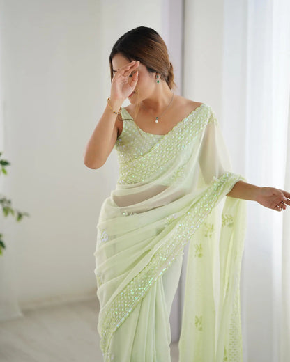 Pista Green  Party Wear Saree With Sequence & Thread Embroidery Work