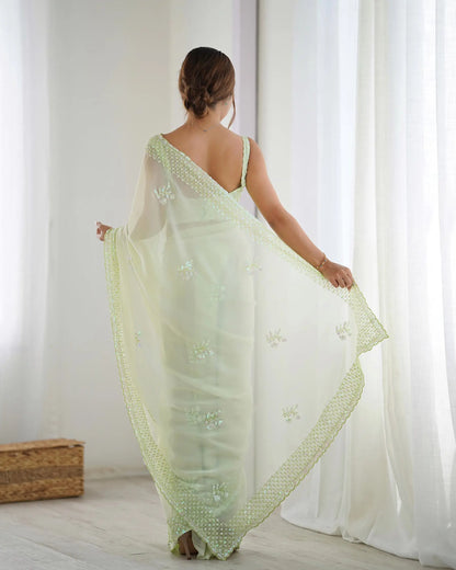 Pista Green  Party Wear Saree With Sequence & Thread Embroidery Work