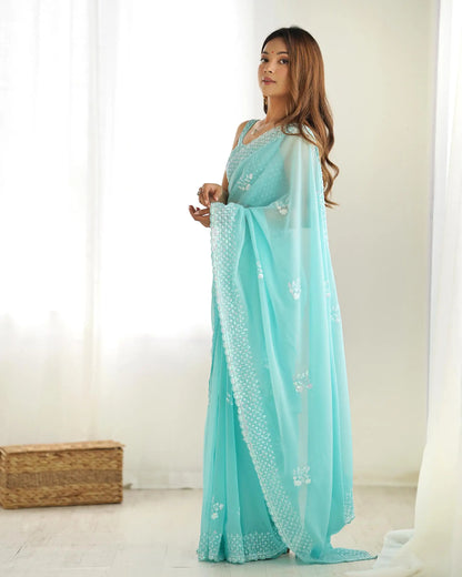 Sky Blue Party Wear Saree With Sequence & Thread Embroidery Work