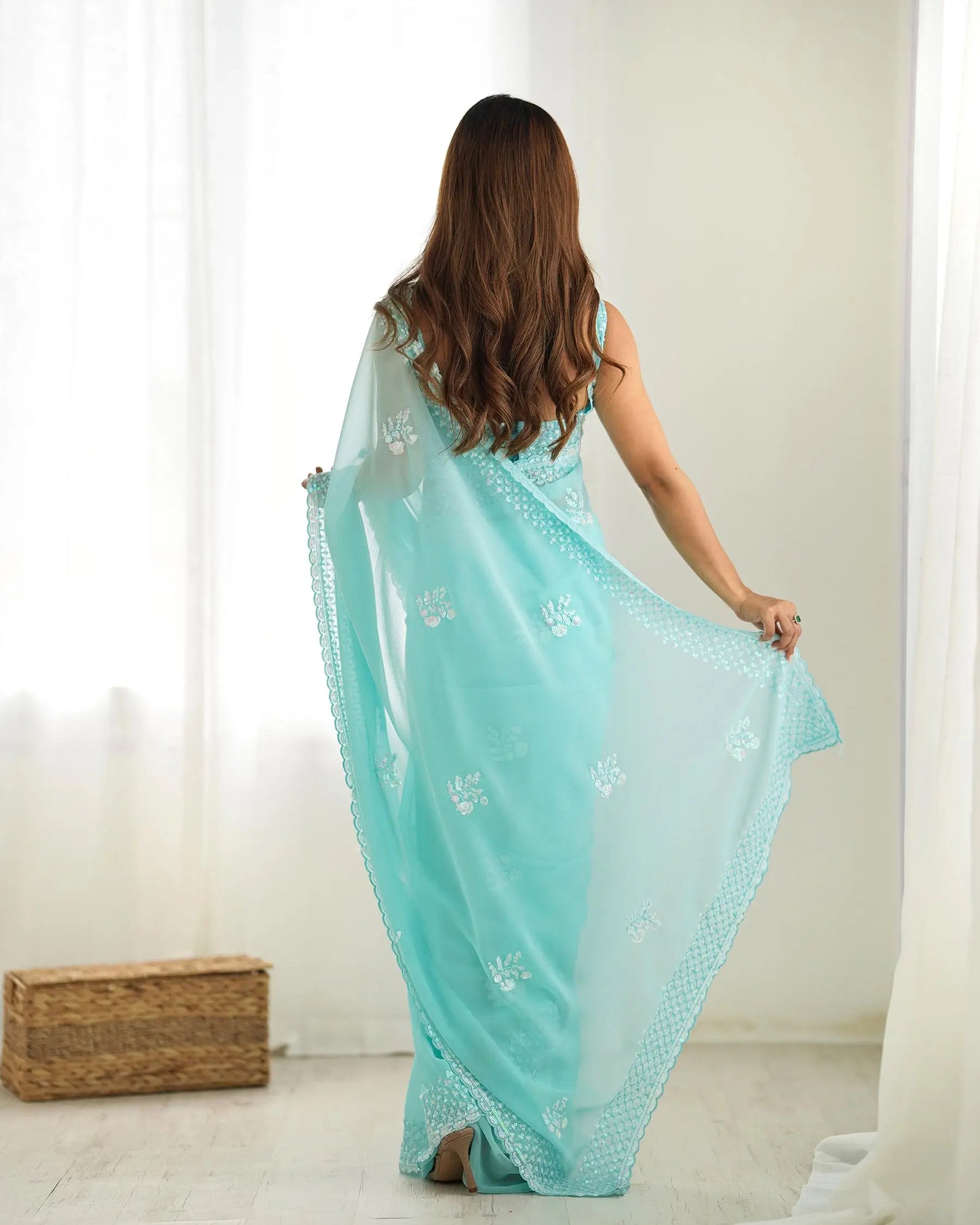Sky Blue Party Wear Saree With Sequence & Thread Embroidery Work