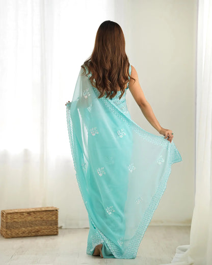 Sky Blue Party Wear Saree With Sequence & Thread Embroidery Work