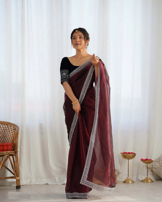 Maroon  Gold Jari &  Sequance Embroidery Work Saree
