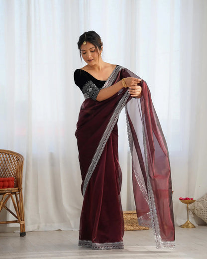 Maroon  Gold Jari &  Sequance Embroidery Work Saree