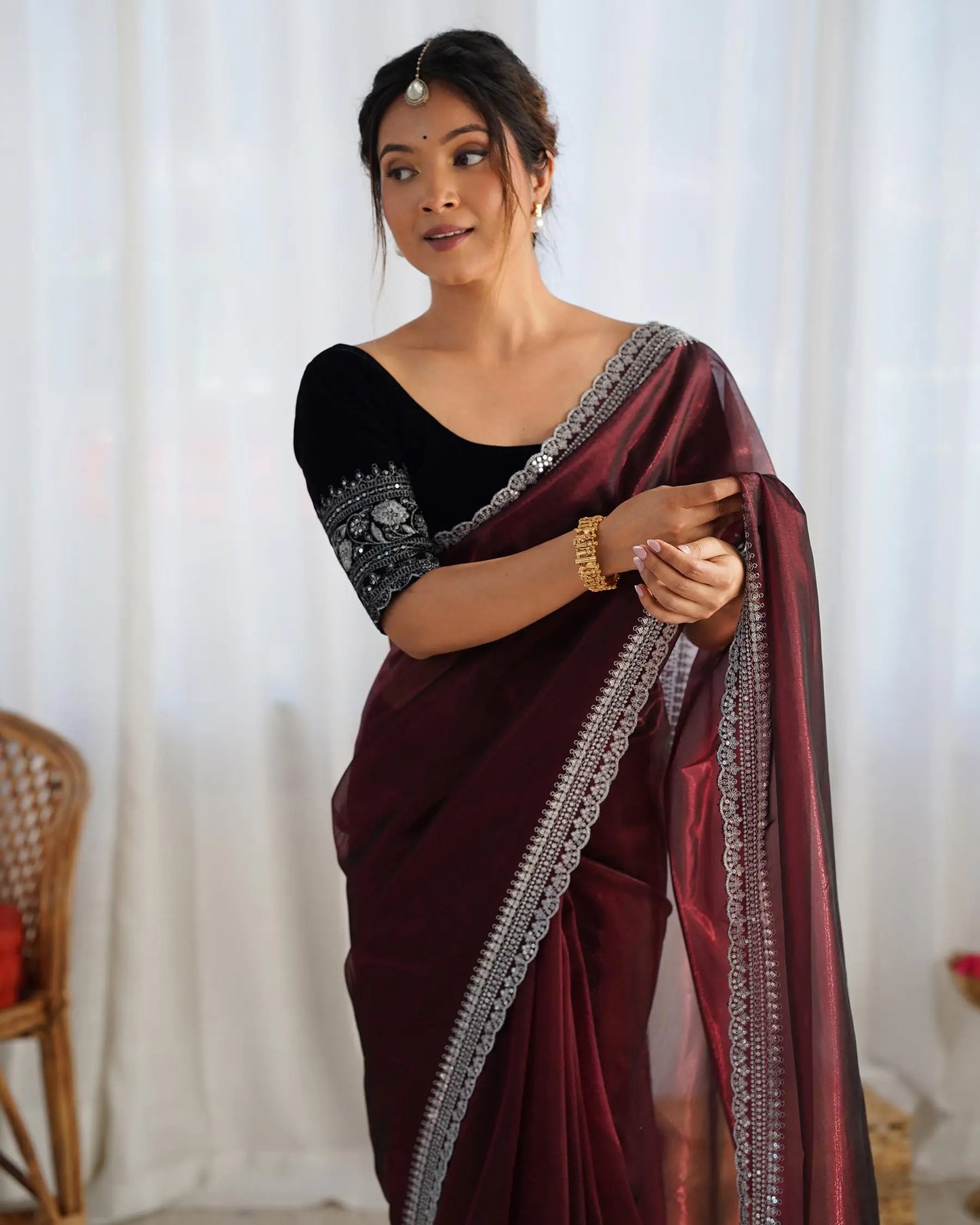 Maroon  Gold Jari &  Sequance Embroidery Work Saree