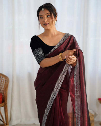 Maroon  Gold Jari &  Sequance Embroidery Work Saree