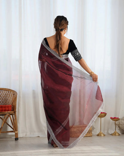 Maroon  Gold Jari &  Sequance Embroidery Work Saree